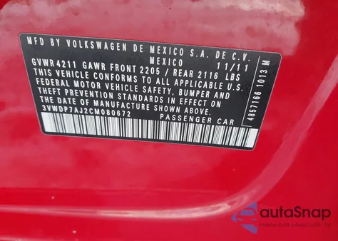 2012 Volkswagen Jetta 2.5L Se from USA, damaged, VIN 3VWDP7AJ2CM080672